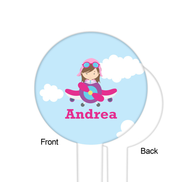 Airplane & Girl Pilot White Plastic 6" Food Pick - Round - Single Sided - Front & Back