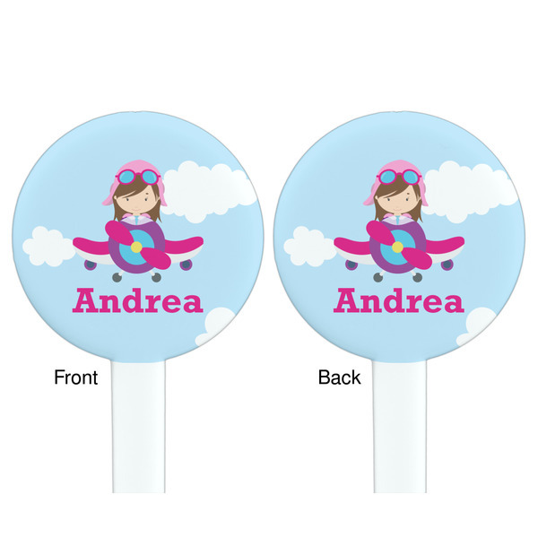 Airplane & Girl Pilot White Plastic 7" Stir Stick - Double Sided - Round - Front & Back