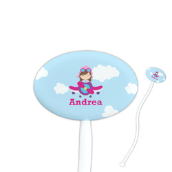 Airplane & Girl Pilot 7" Oval Plastic Stir Sticks - White - Double Sided (Personalized)