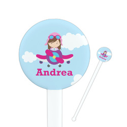 Airplane & Girl Pilot 7" Round Plastic Stir Sticks - White - Double Sided (Personalized)