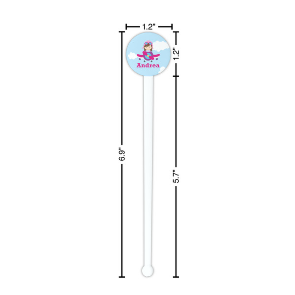 Airplane & Girl Pilot White Plastic 7" Stir Stick - Round - Dimensions