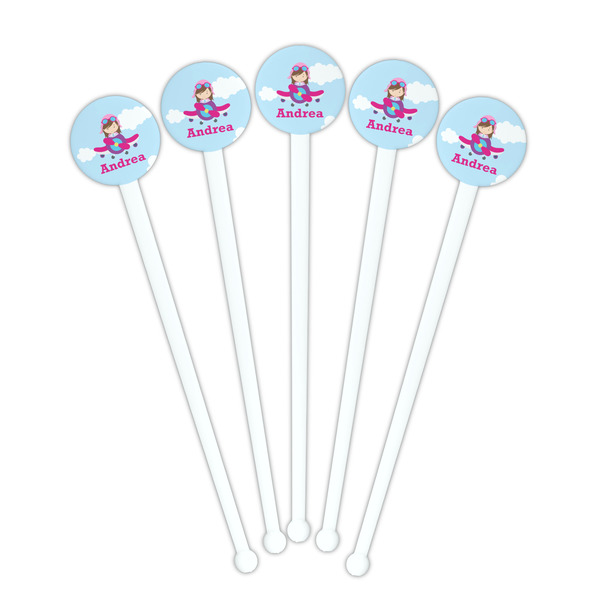 Airplane & Girl Pilot White Plastic 7" Stir Stick - Round - Fan View