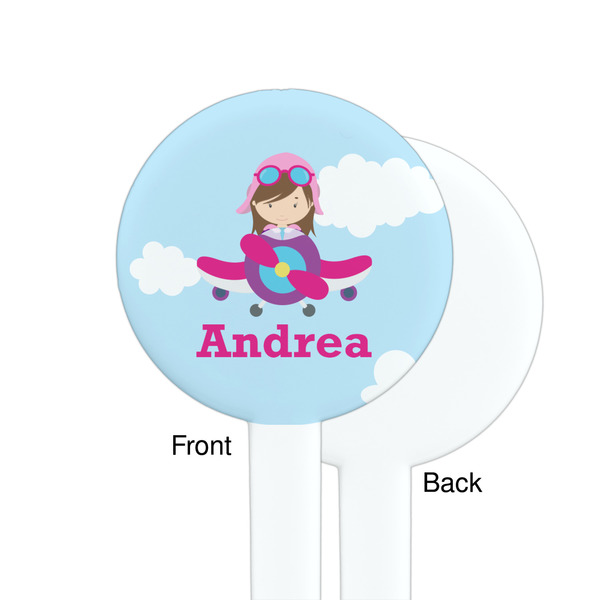 Airplane & Girl Pilot White Plastic 7" Stir Stick - Single Sided - Round - Front & Back