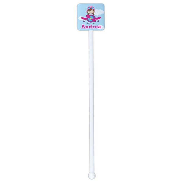 Airplane & Girl Pilot White Plastic Stir Stick - Double Sided - Square - Single Stick