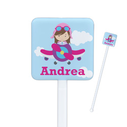 Airplane & Girl Pilot Square Plastic Stir Sticks - Single Sided (Personalized)
