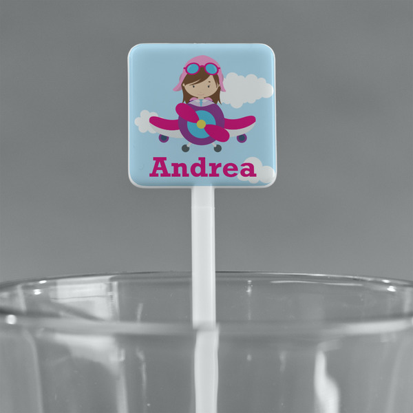 Airplane & Girl Pilot White Plastic Stir Stick - Square - Main