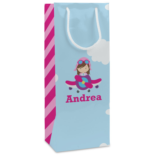 Custom Airplane & Girl Pilot Wine Gift Bags - Gloss (Personalized)