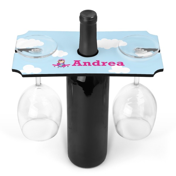 Custom Airplane & Girl Pilot Wine Bottle & Glass Holder (Personalized)