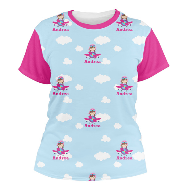 Custom Airplane & Girl Pilot Women's Crew T-Shirt - Medium (Personalized)