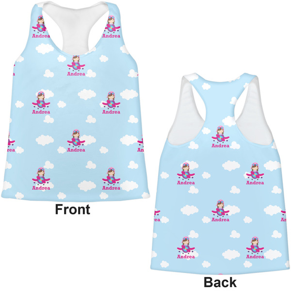 Airplane & Girl Pilot Womens Racerback Tank Tops - Medium - Front and Back
