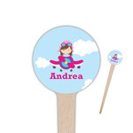 Airplane & Girl Pilot 4" Round Wooden Food Picks - Single Sided (Personalized)