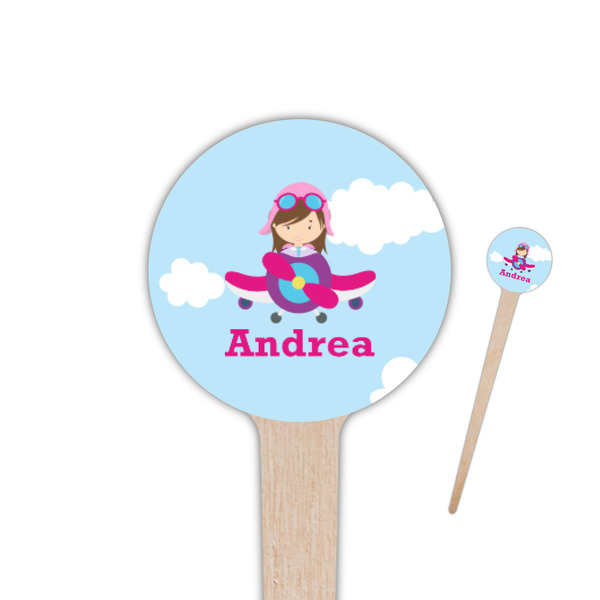 Custom Airplane & Girl Pilot 4" Round Wooden Food Picks - Single Sided (Personalized)