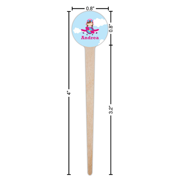 Airplane & Girl Pilot Wooden 4" Food Pick - Round - Dimensions