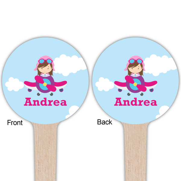 Airplane & Girl Pilot Wooden 4" Food Pick - Round - Double Sided - Front & Back