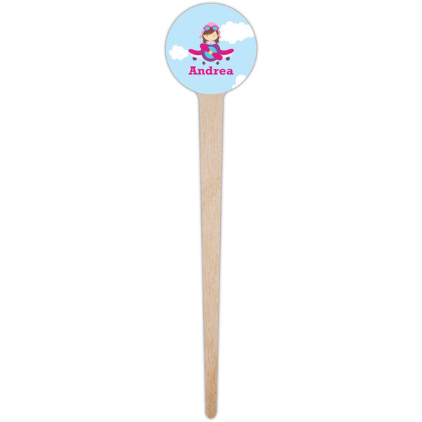 Airplane & Girl Pilot Wooden 4" Food Pick - Round - Single Pick