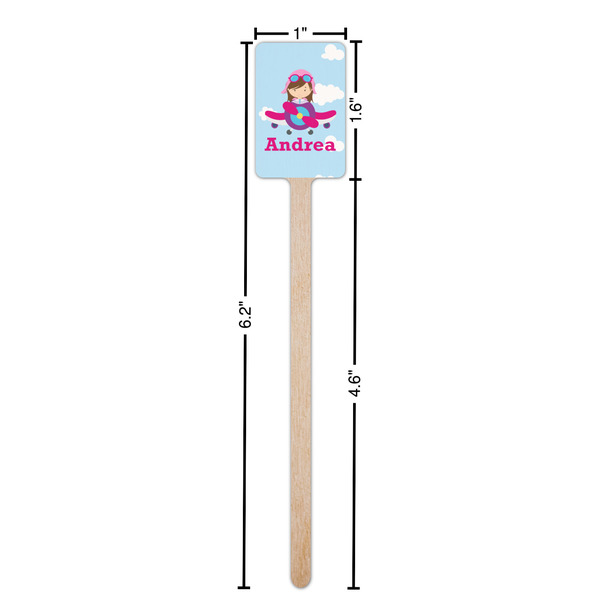 Airplane & Girl Pilot Wooden 6.25" Stir Stick - Rectangular - Dimensions