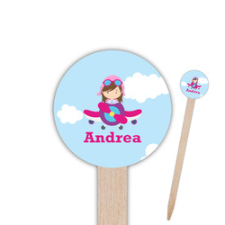 Airplane & Girl Pilot 6" Round Wooden Food Picks - Single Sided (Personalized)