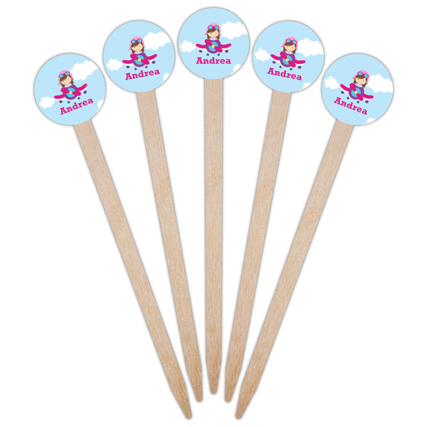 Airplane & Girl Pilot Wooden 6" Food Pick - Round - Fan View