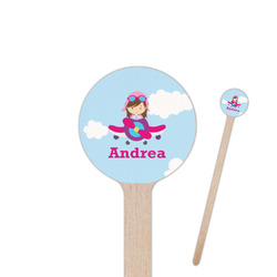 Airplane & Girl Pilot 6" Round Wooden Stir Sticks - Single Sided (Personalized)