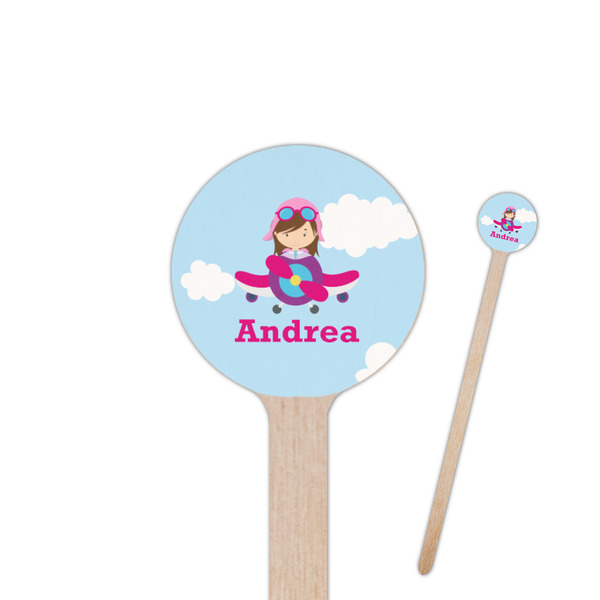 Custom Airplane & Girl Pilot 6" Round Wooden Stir Sticks - Double Sided (Personalized)