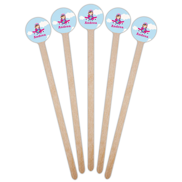 Airplane & Girl Pilot Wooden 7.5" Stir Stick - Round - Fan View
