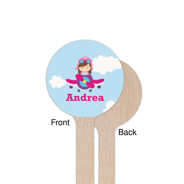 Airplane & Girl Pilot Wooden 7.5" Stir Stick - Round - Single Sided - Front & Back
