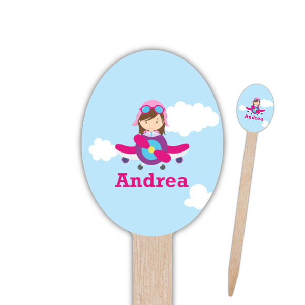 Custom Airplane & Girl Pilot Oval Wooden Food Picks - Double Sided (Personalized)