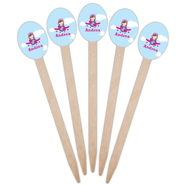 Airplane & Girl Pilot Wooden Food Pick - Oval - Fan View