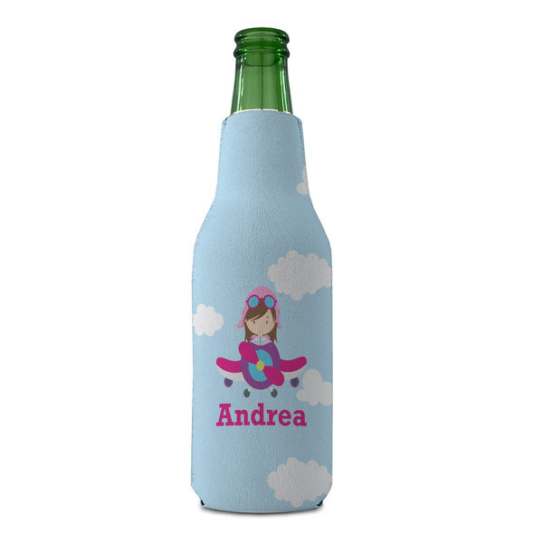 Airplane & Girl Pilot Zipper Bottle Cooler - FRONT (bottle)