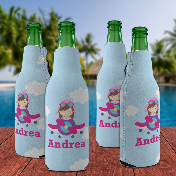 Airplane & Girl Pilot Zipper Bottle Cooler - Set of 4 - LIFESTYLE