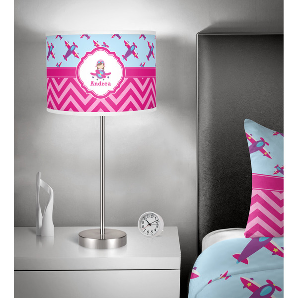 Airplane Theme - for Girls 13 inch drum lamp shade - in room
