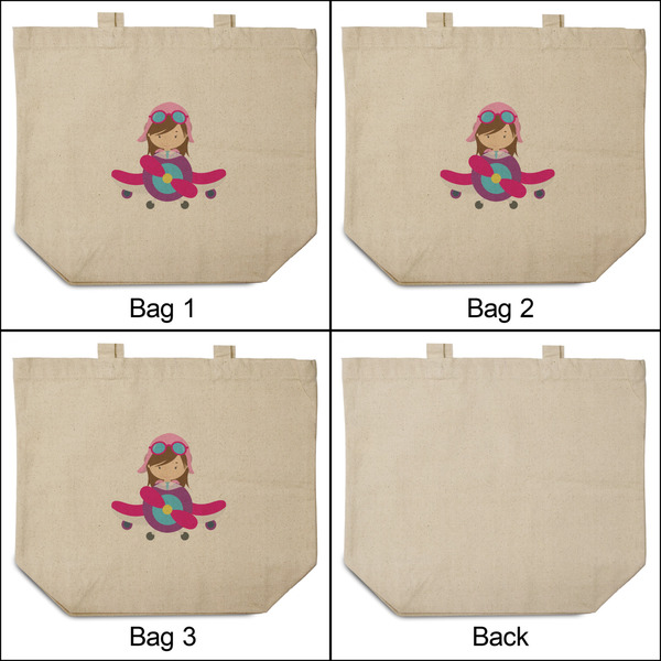Airplane Theme - for Girls 3 Reusable Cotton Grocery Bags - Front & Back View
