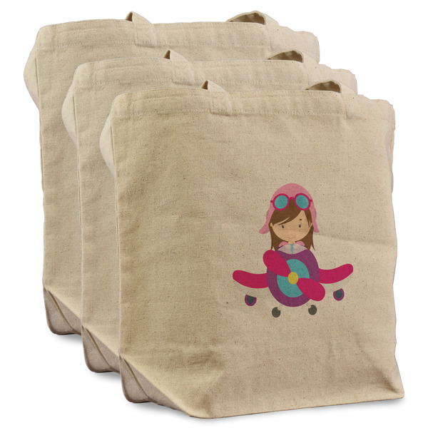 Custom Airplane Theme - for Girls Reusable Cotton Grocery Bags - Set of 3