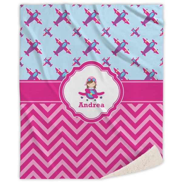 Custom Airplane Theme - for Girls Sherpa Throw Blanket - 50"x60" (Personalized)