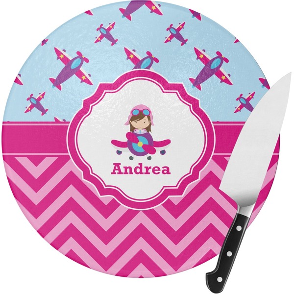Custom Airplane Theme - for Girls Round Glass Cutting Board - Small (Personalized)