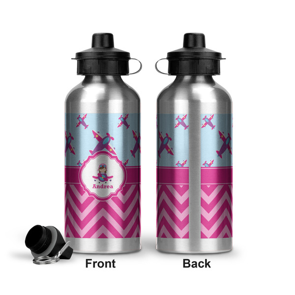 Airplane Theme - for Girls Aluminum Water Bottle - Front and Back