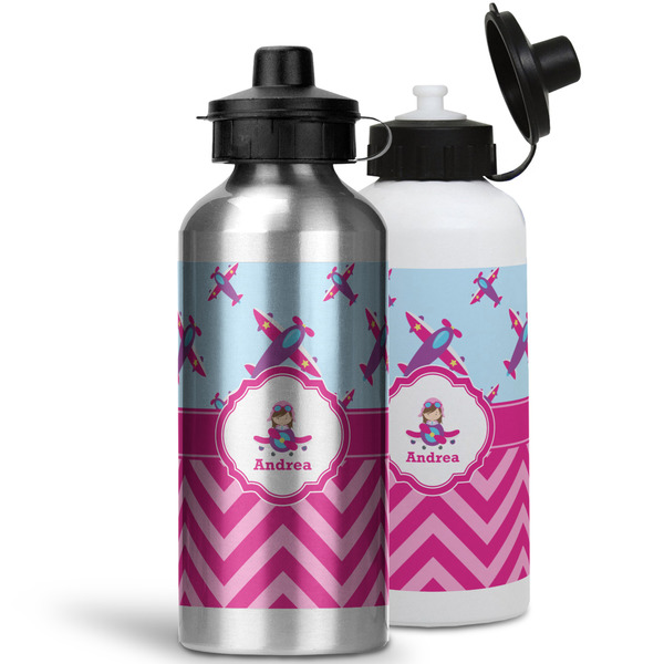 Airplane Theme - for Girls Aluminum Water Bottles - MAIN (white &silver)
