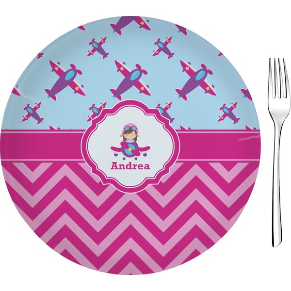 Custom Airplane Theme - for Girls Glass Appetizer / Dessert Plate 8" (Personalized)