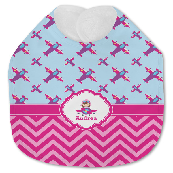 Custom Airplane Theme - for Girls Jersey Knit Baby Bib w/ Name or Text
