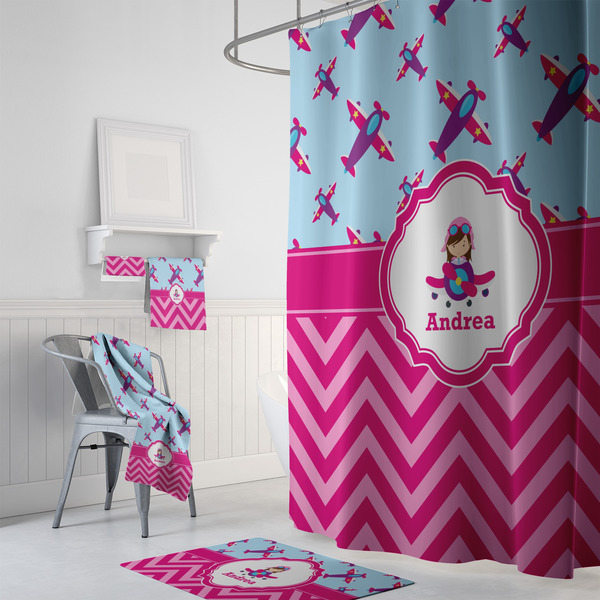 Airplane Theme - for Girls Bath Towel Sets - 3-piece - In Context