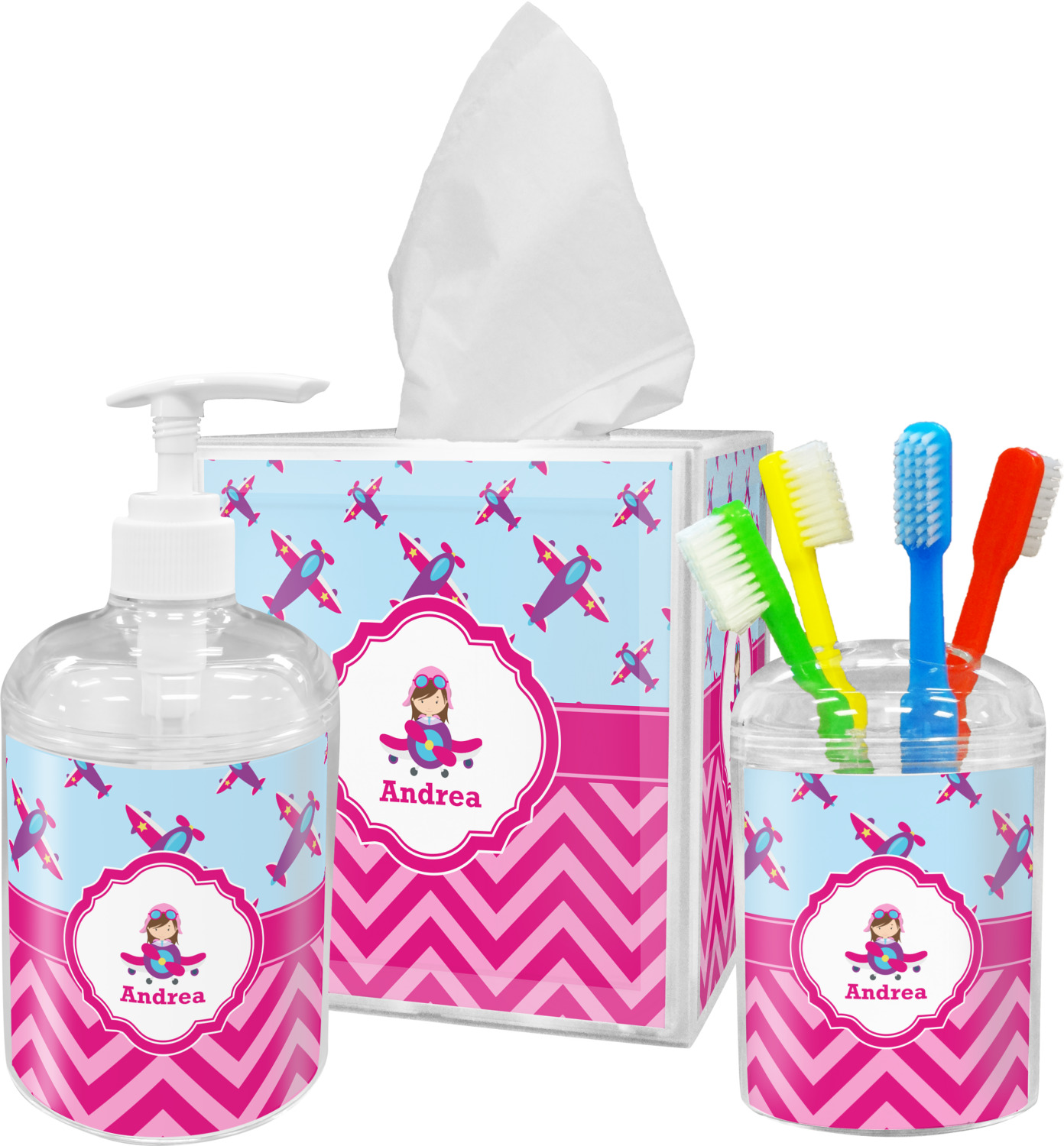 Airplane Theme for Girls Acrylic Bathroom Accessories Set w/ Name or