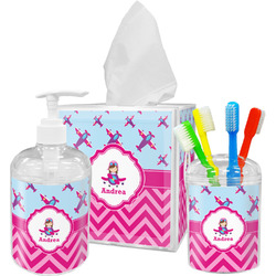Airplane Theme - for Girls Acrylic Bathroom Accessories Set w/ Name or Text