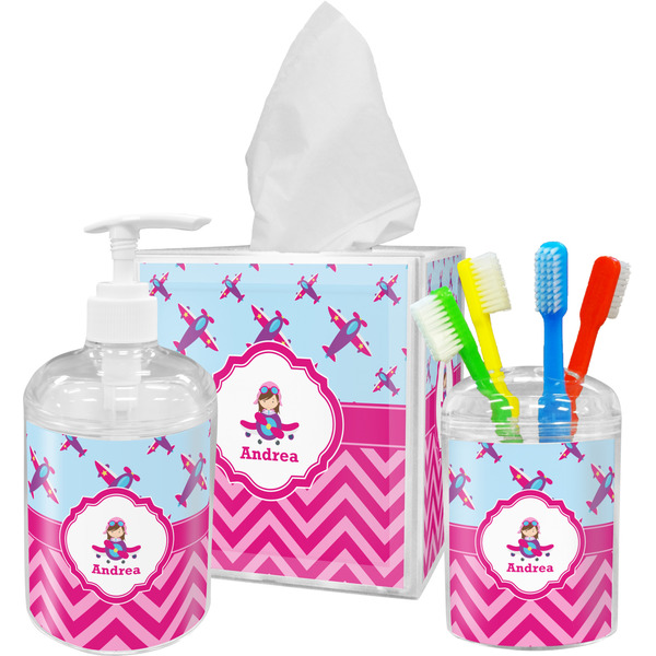 Custom Airplane Theme - for Girls Acrylic Bathroom Accessories Set w/ Name or Text