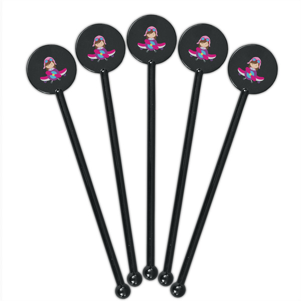 Airplane Theme - for Girls Black Plastic 5.5" Stir Stick - Round - Fan View