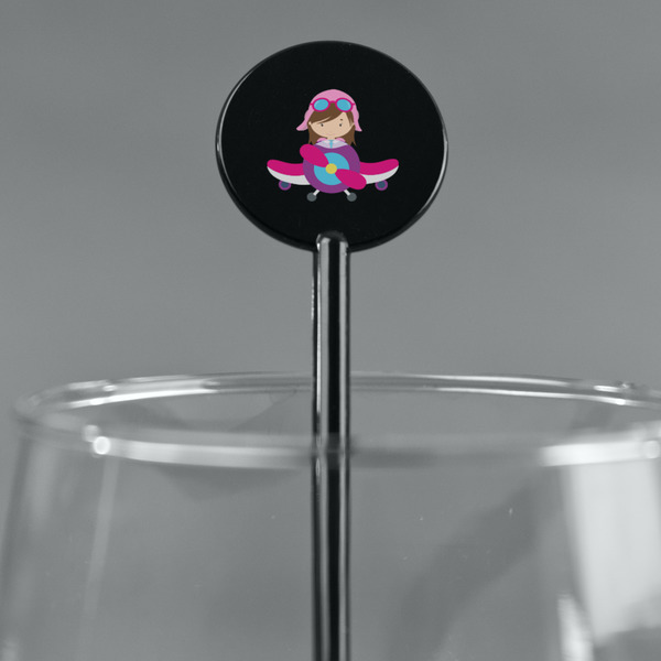 Airplane Theme - for Girls Black Plastic 5.5" Stir Stick - Round - Main