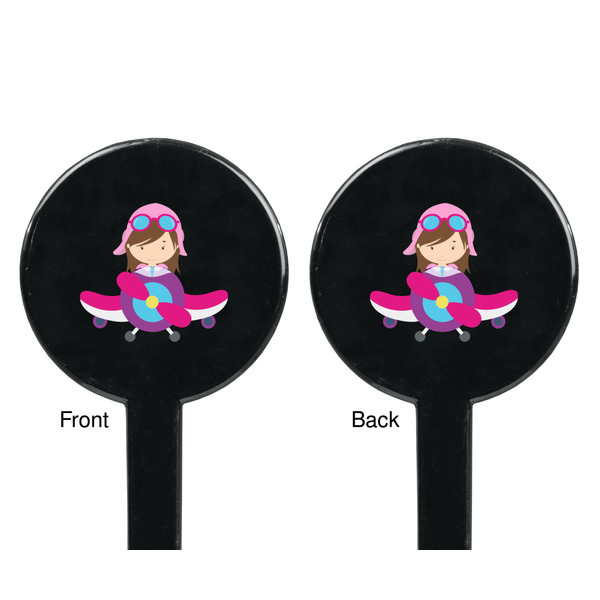 Airplane Theme - for Girls Black Plastic 7" Stir Stick - Double Sided - Round - Front & Back