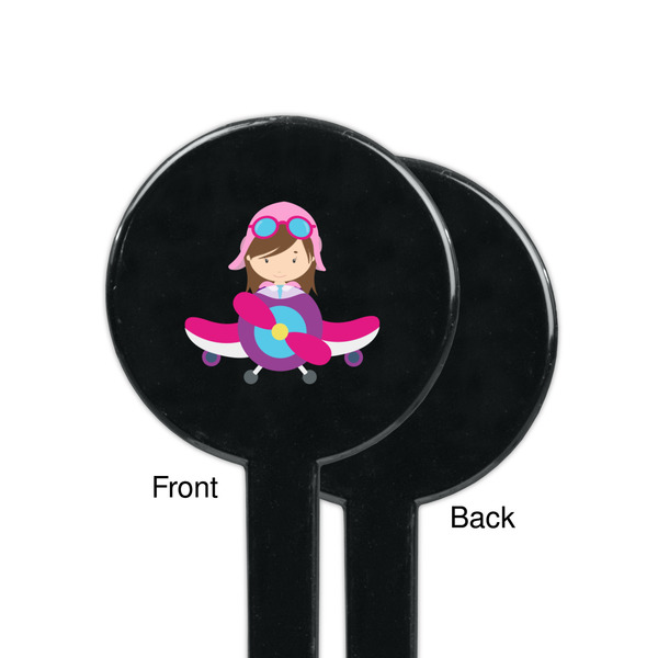 Airplane Theme - for Girls Black Plastic 7" Stir Stick - Single Sided - Round - Front & Back