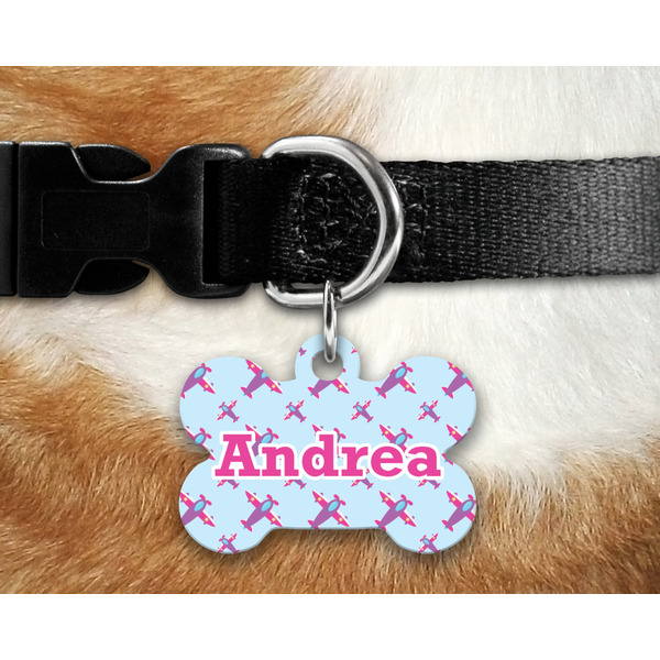 Airplane Theme - for Girls Bone Shaped Dog Tag on Collar & Dog
