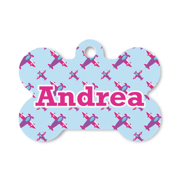 Custom Airplane Theme - for Girls Bone Shaped Dog ID Tag - Small (Personalized)