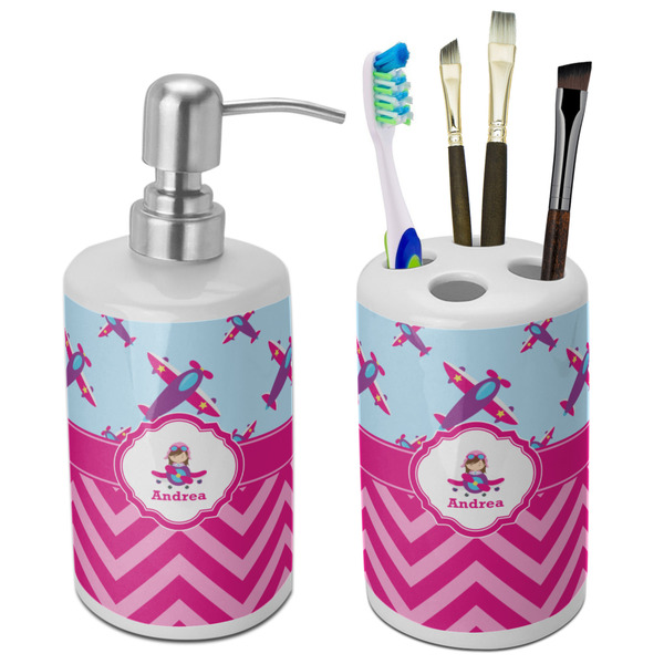 Custom Airplane Theme - for Girls Ceramic Bathroom Accessories Set (Personalized)